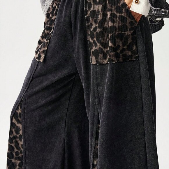Black Casual Women's Patchwork Leopard Print Knit Wide Leg Pants - Picture 7 of 8